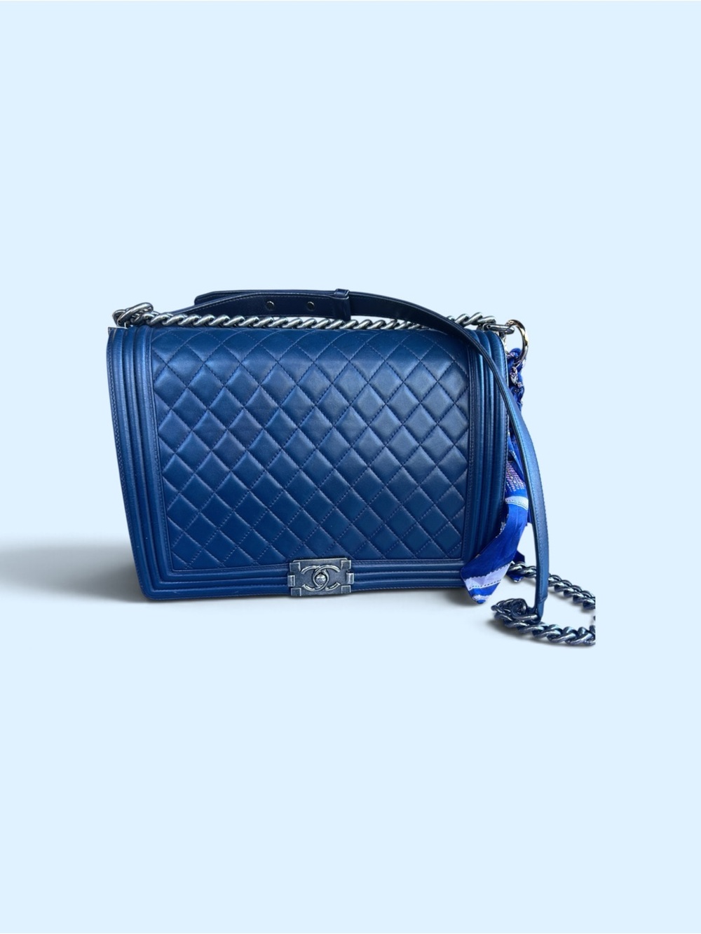 CHANEL Quilted lamb, skin Leather Crossbody Boy Bag in Blue with Silver Hardware